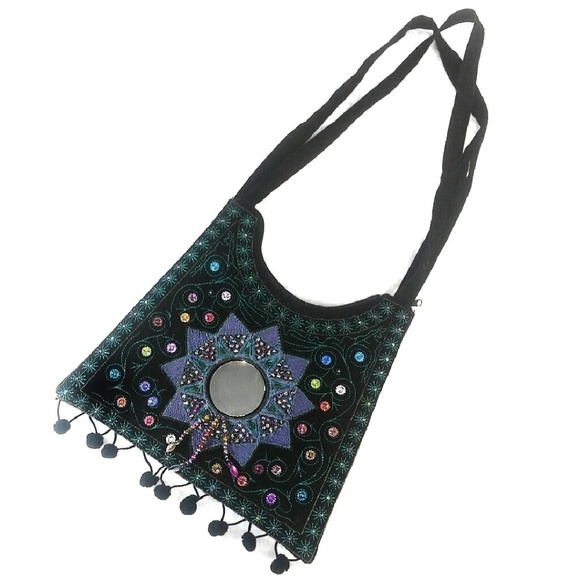 Vintage Handbags - Vintage Mirror Crushed Velevt Bohemian Purse Black